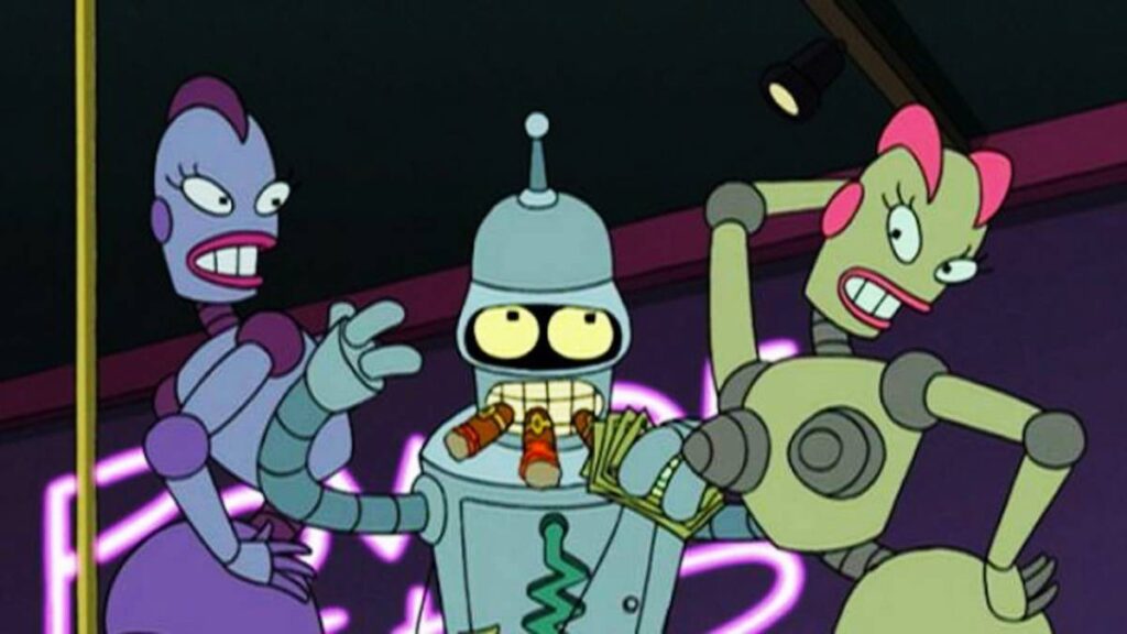 Robot del programa Futurama viviendo como humanos