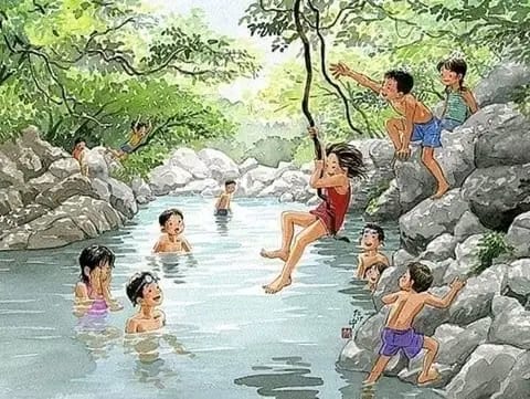 Ilustración de niños bañandose en quebradas o ríos