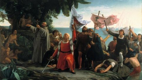 Pintura romántica de la llegada de Cristóbal Colón a América (Dióscoro Puebla, 1862)