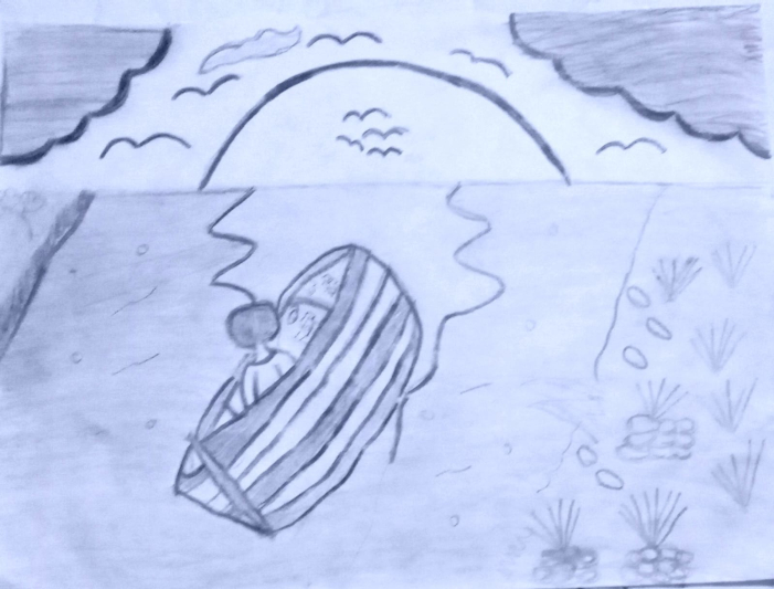 DIBUJO HECHO POR LA NIÑA, EXANETH DONADO MEJÍA. 2026. ILUSTRA UN PESCADOR EN SU FAENA DIARIA EN LA CIÉNAGA DE SU PUEBLO, EN UN ATARDECER.