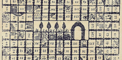 Imagen corresponde a un tablero del tradicional "Juego de la Oca" utilizado para ilustrar paradojas matemáticas sobre probabilidad y sentido común.